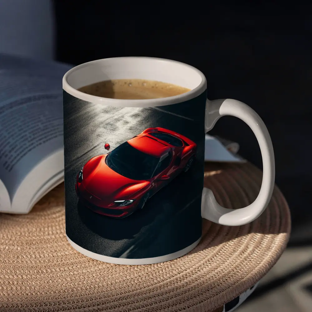 Ferrari 296 GTB Red on Dark Pavement – Mugs
