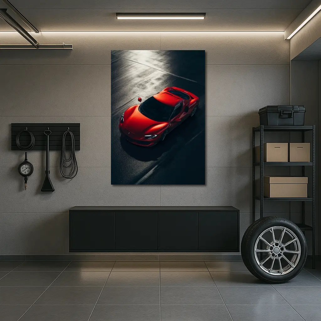 Ferrari 296 GTB Red on Dark Pavement – Wall Art