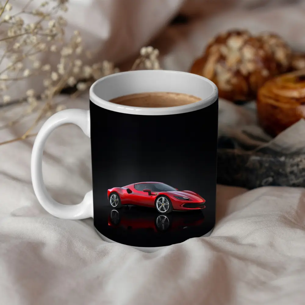 Ferrari 296 GTB Red on Dark Background – Mugs