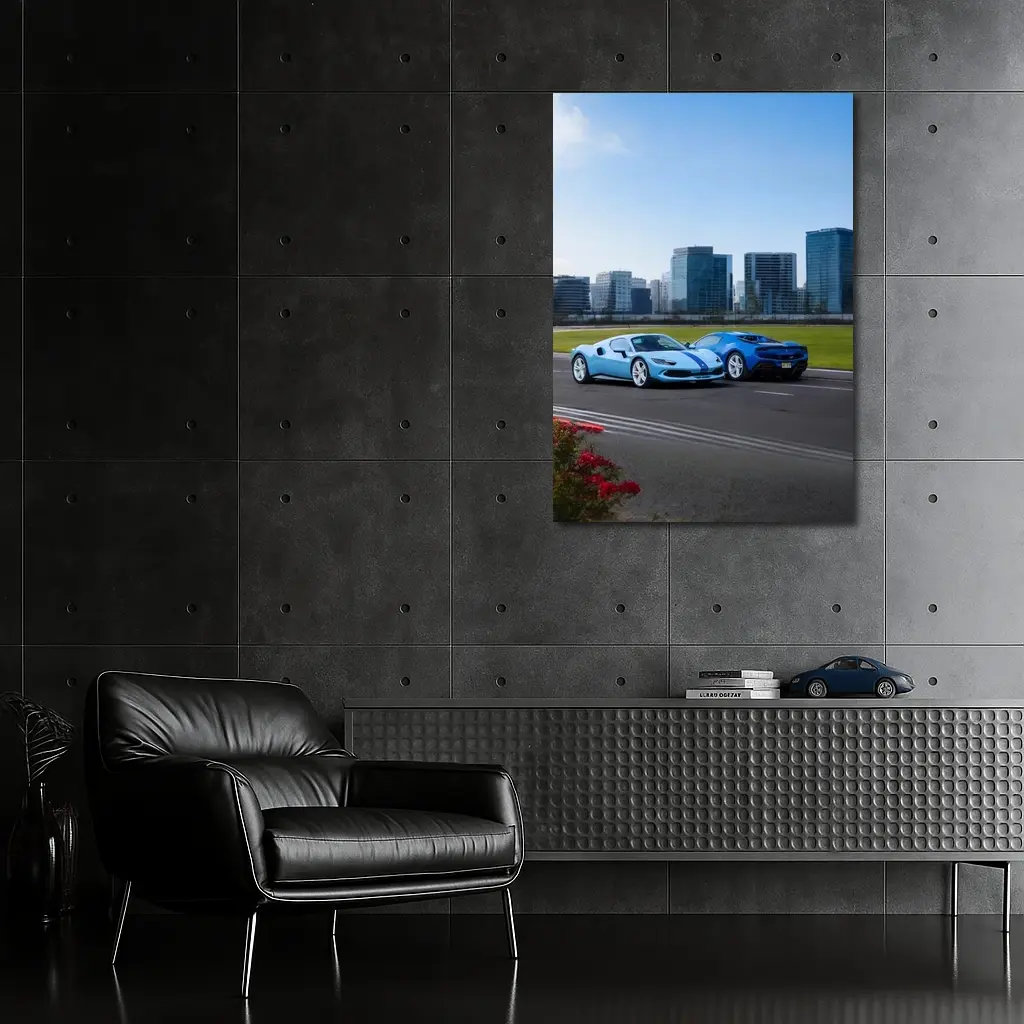 Ferrari 296 GTB Blue Duo City Skyline – Wall Art