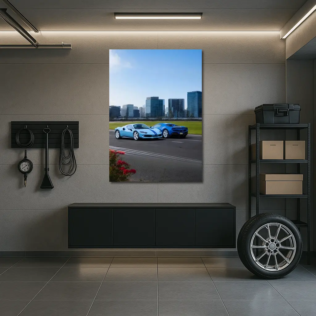 Ferrari 296 GTB Blue Duo City Skyline – Wall Art