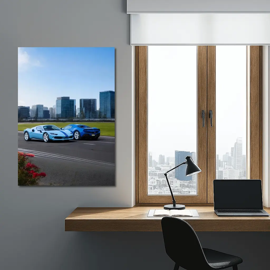Ferrari 296 GTB Blue Duo City Skyline – Wall Art