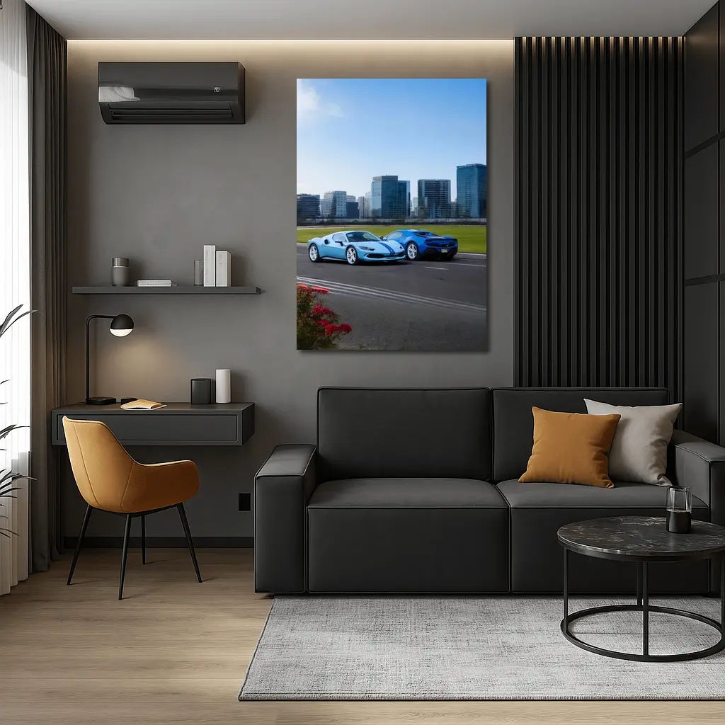 Ferrari 296 GTB Blue Duo City Skyline – Wall Art