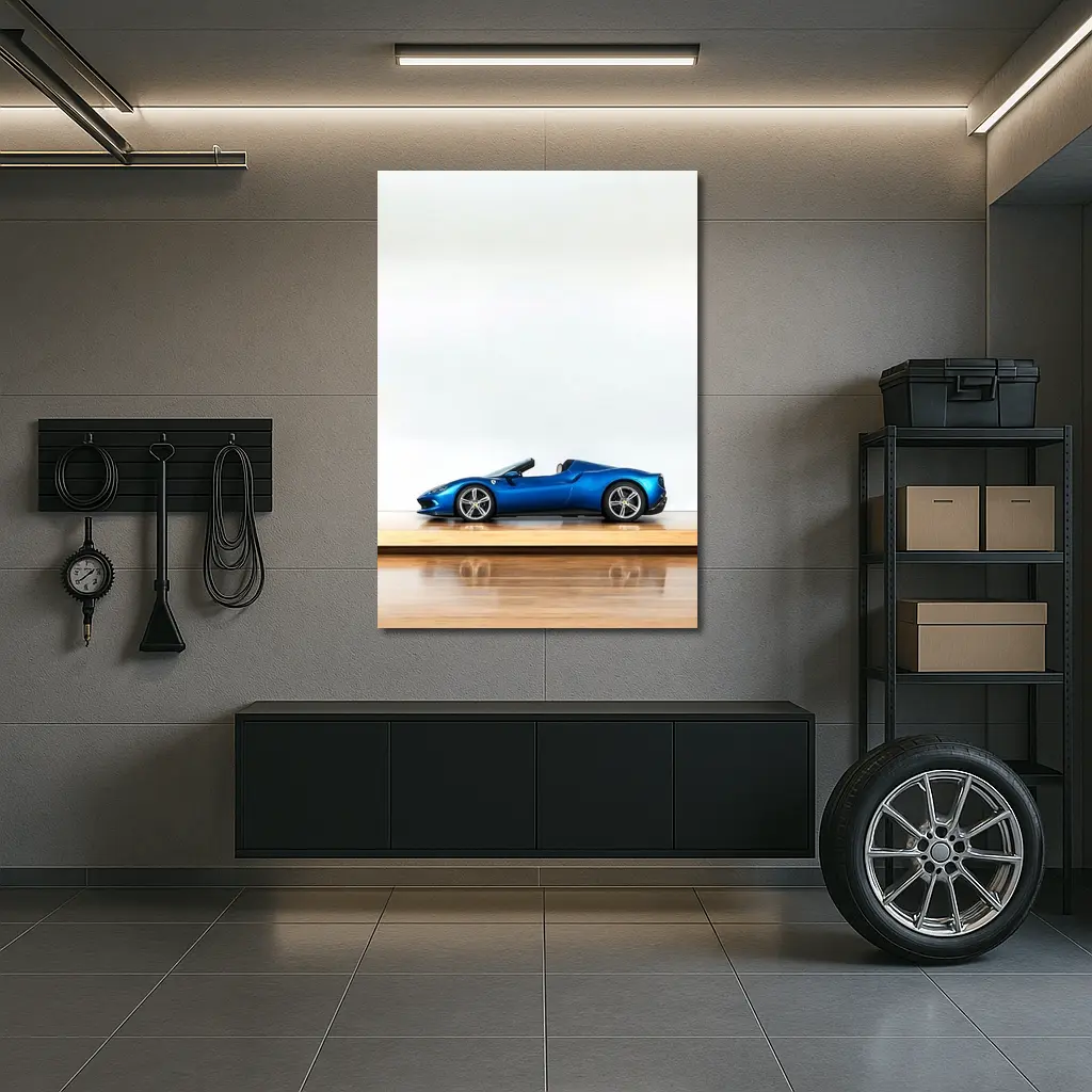 Ferrari 296 GTS Blue on Wooden Parquet – Wall Art