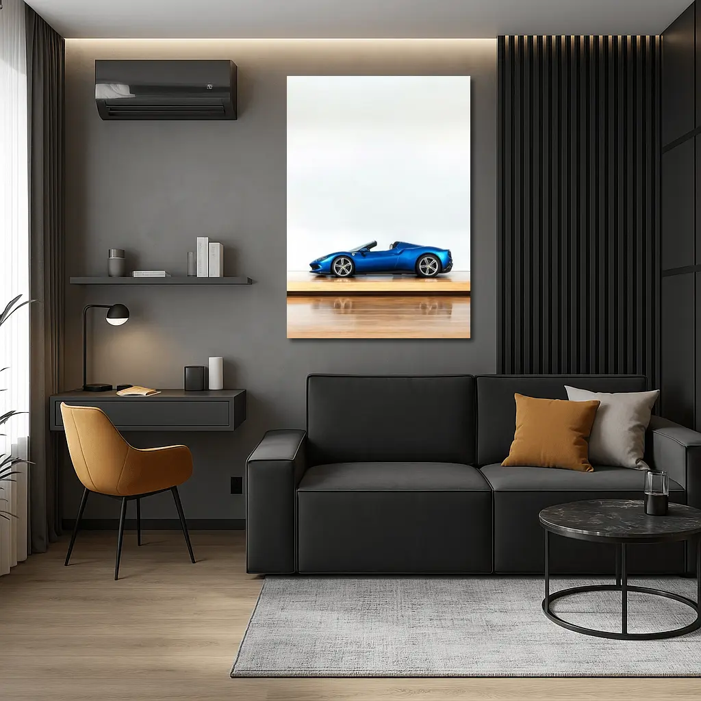 Ferrari 296 GTS Blue on Wooden Parquet – Wall Art
