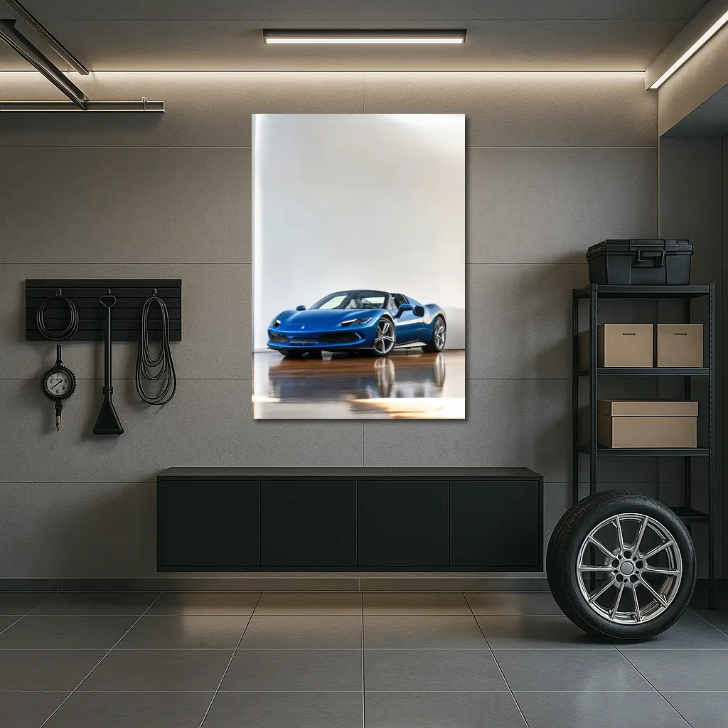 Ferrari 296 GTS Blue Supercar Indoor Setting – Wall Art