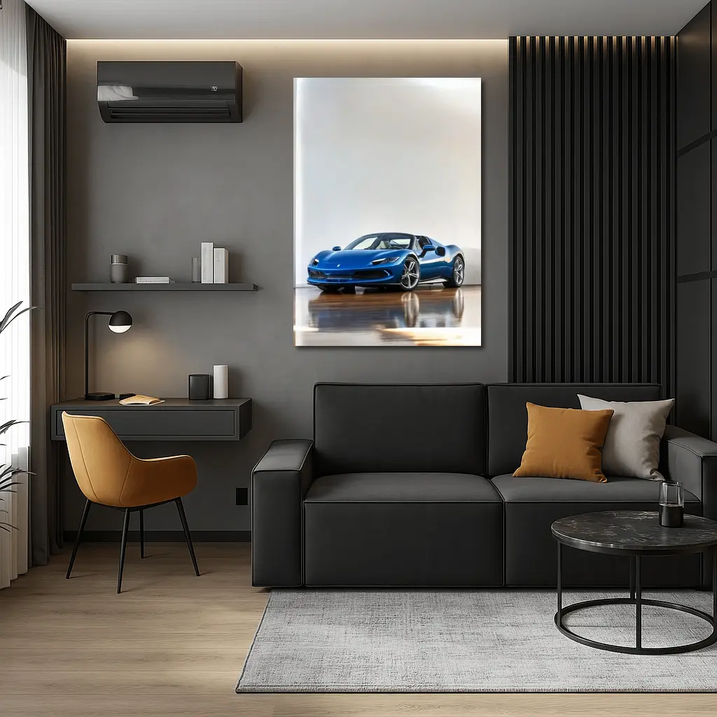 Ferrari 296 GTS Blue Supercar Indoor Setting – Wall Art