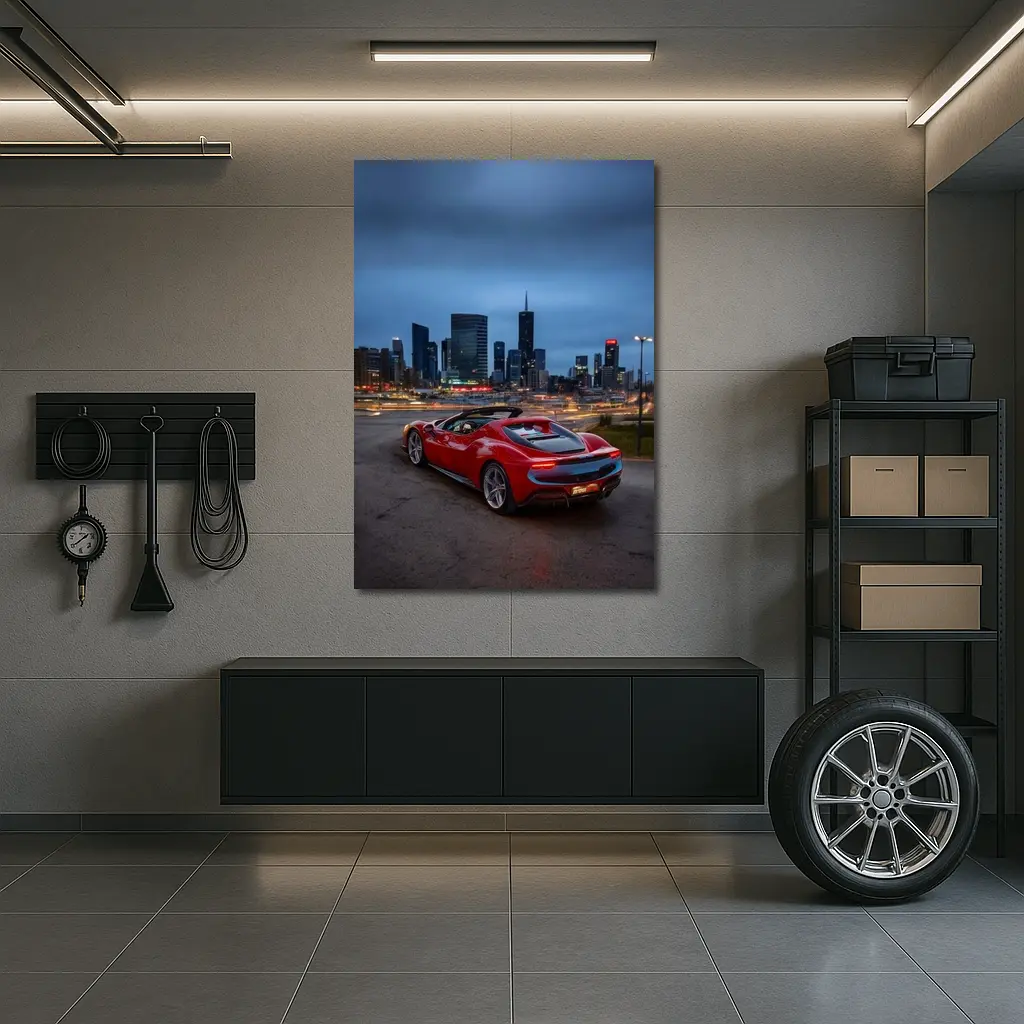 Ferrari 296 GTS Red City Skyline Night – Wall Art