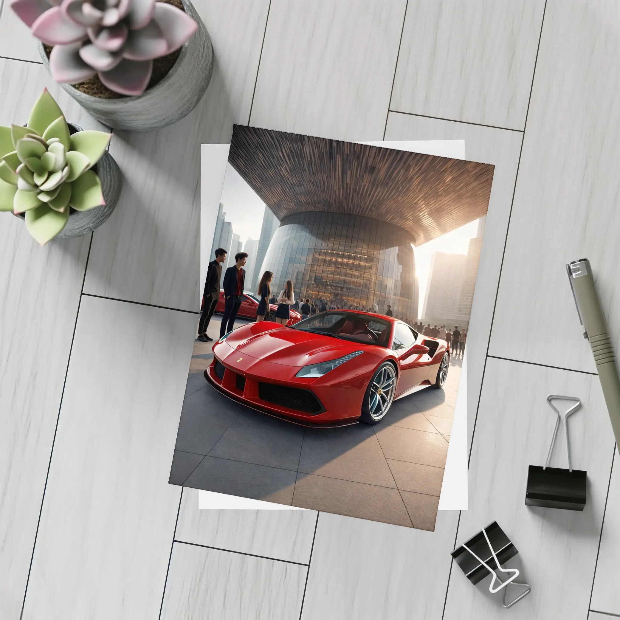 Ferrari 488 GTB Red Urban Plaza Scene – Postcards