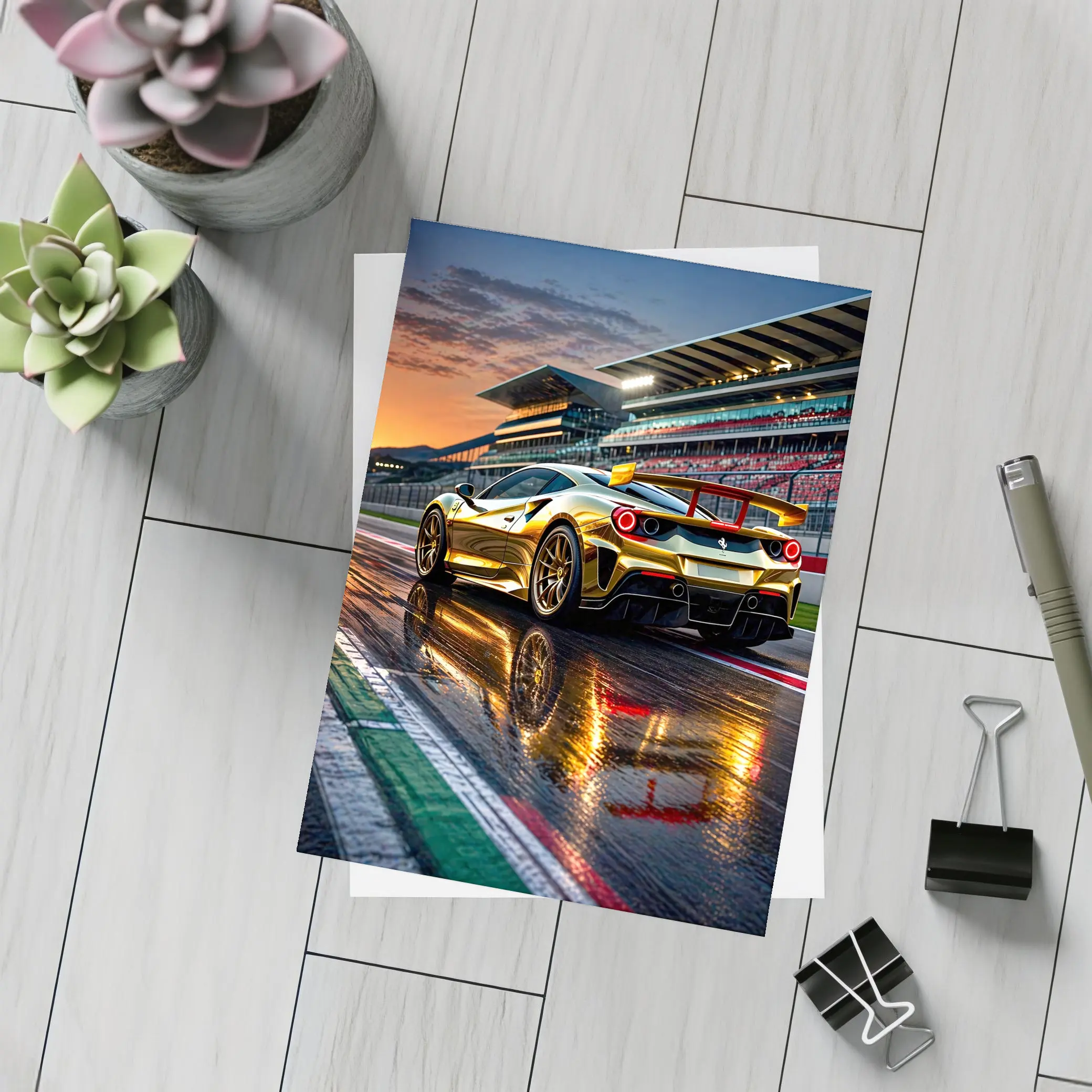 Ferrari 488 GTB Gold Race Track Sunset – Postcards