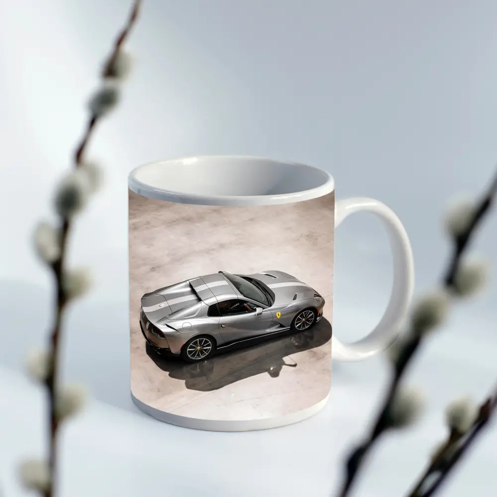 Ferrari 812 GTS Silver Parking Lot Overhead – Mugs