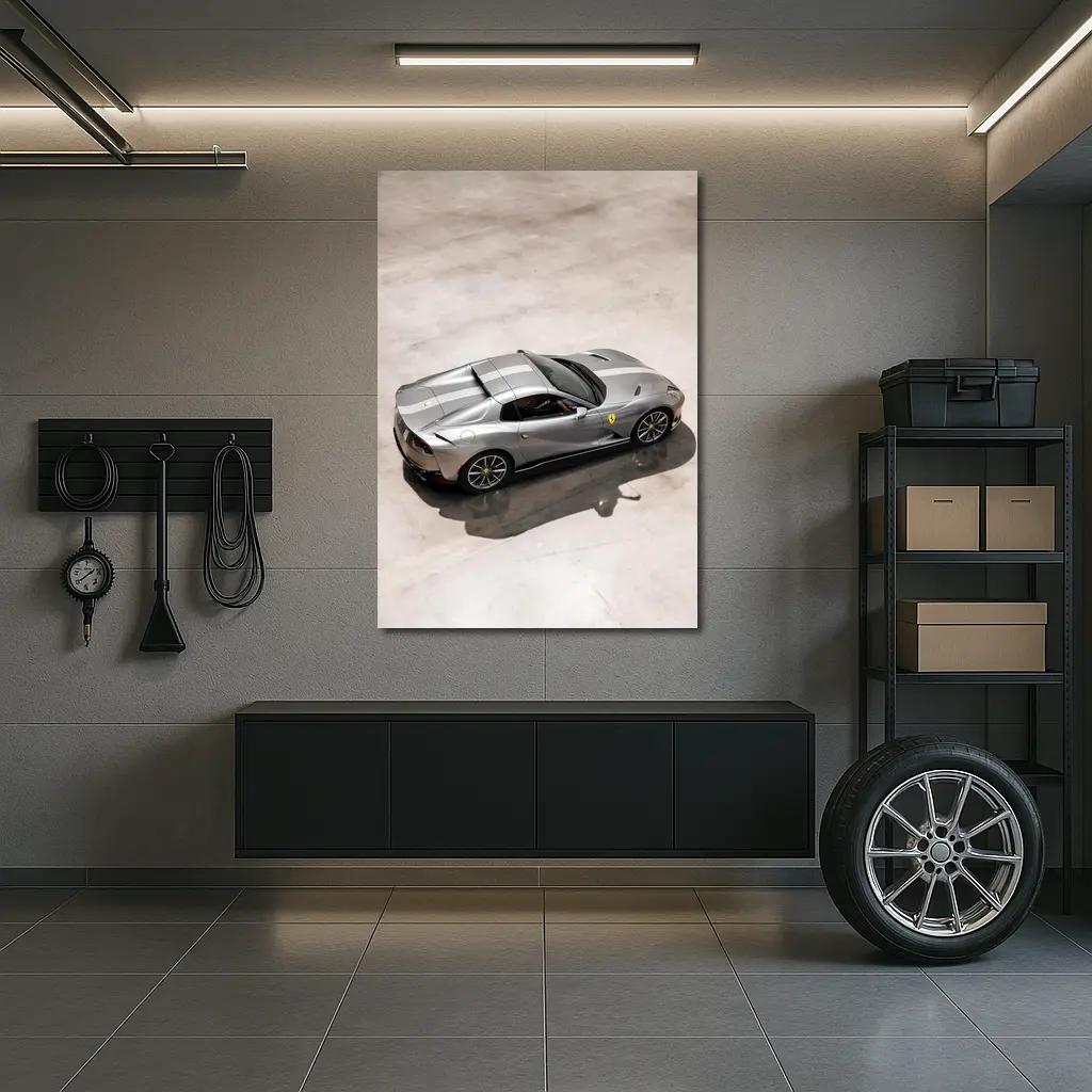 Ferrari 812 GTS Silver Parking Lot Overhead – Wall Art