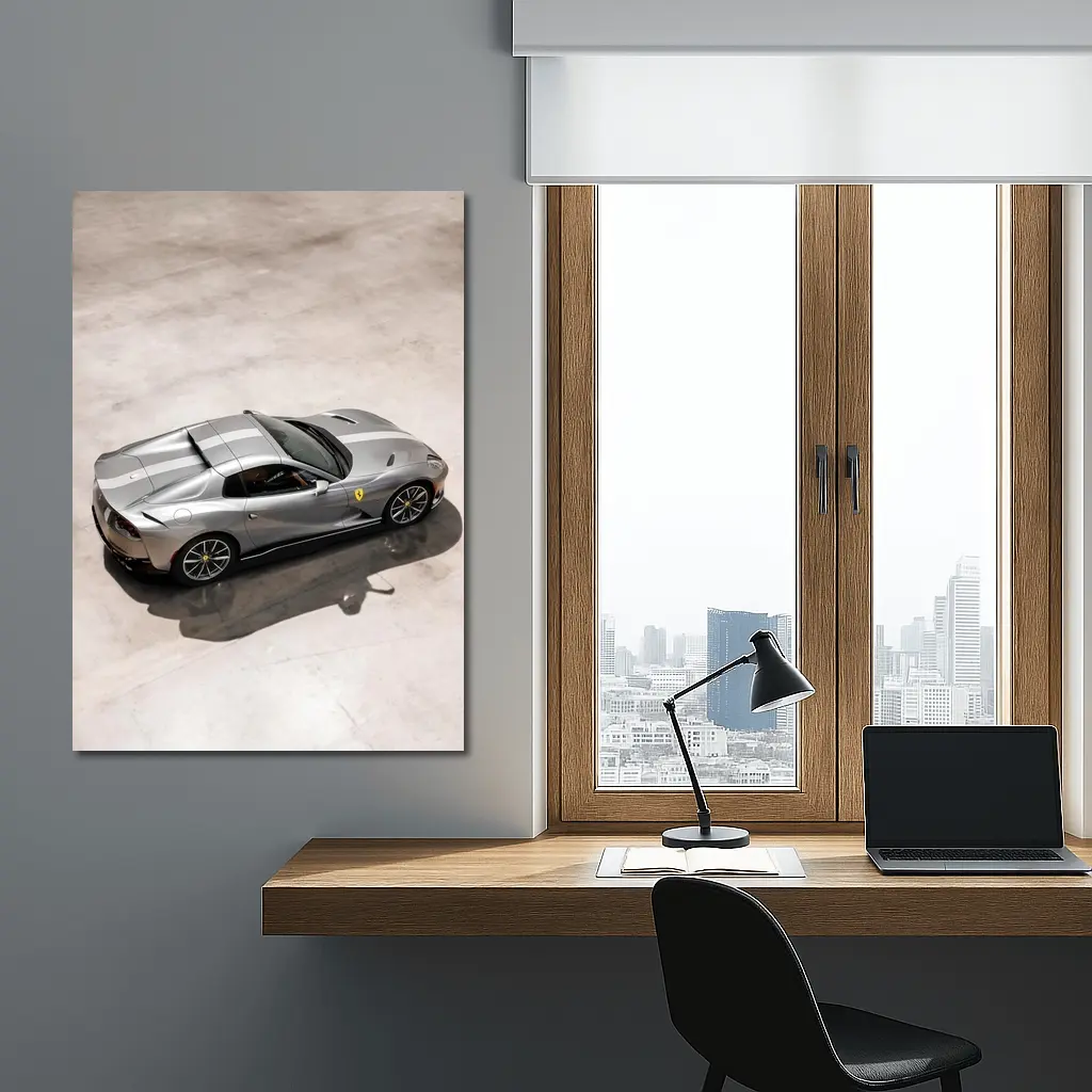 Ferrari 812 GTS Silver Parking Lot Overhead – Wall Art