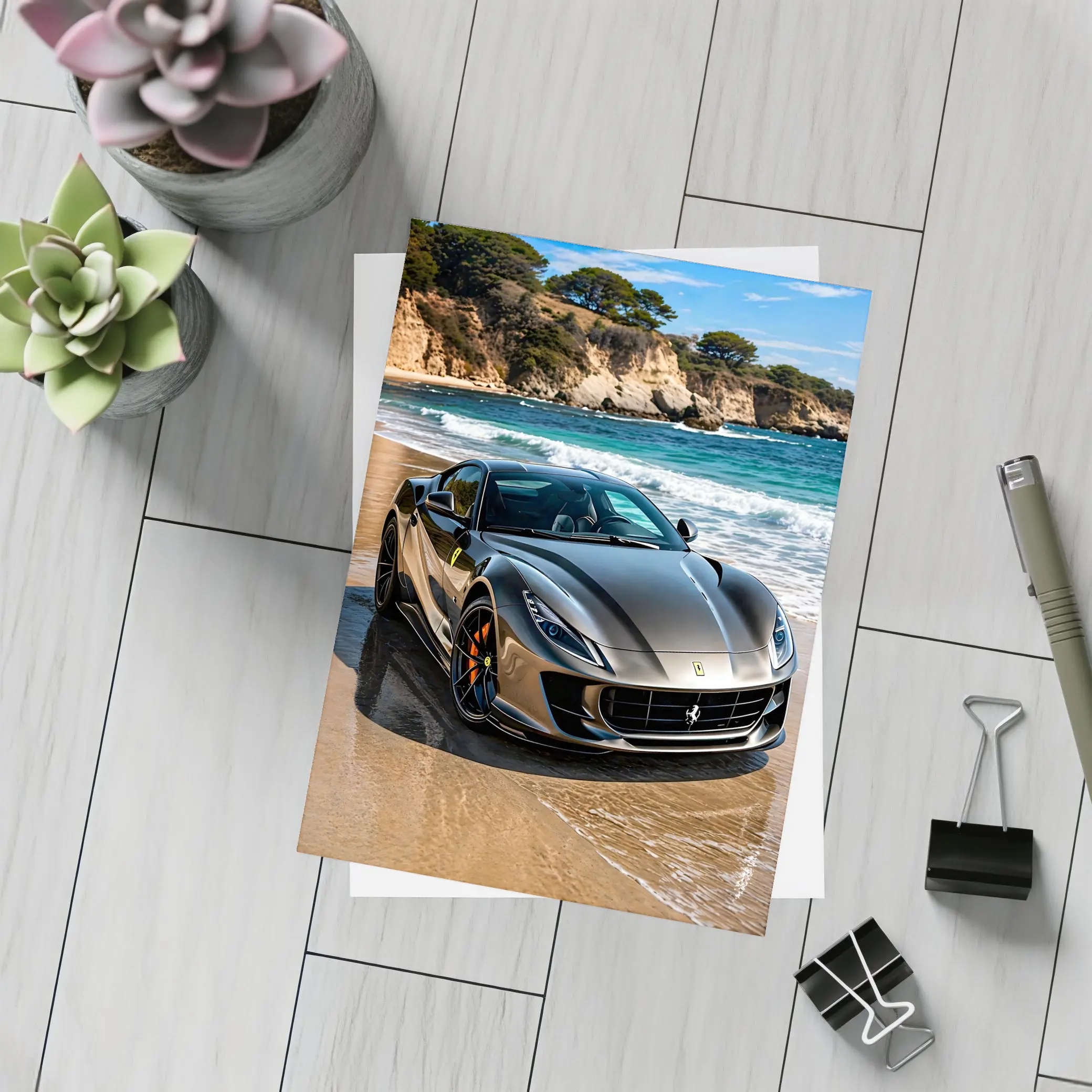Ferrari 812 Superfast Dark Silver Beach Setting – Postcards