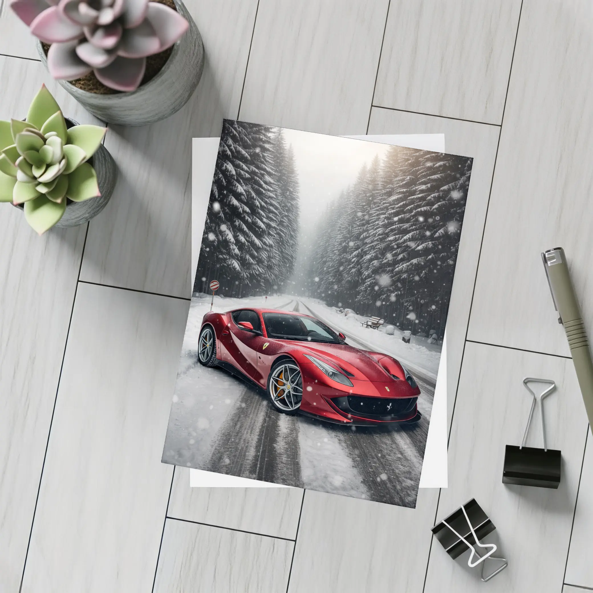 Ferrari 812 Superfast Red Snowy Forest Road – Postcards