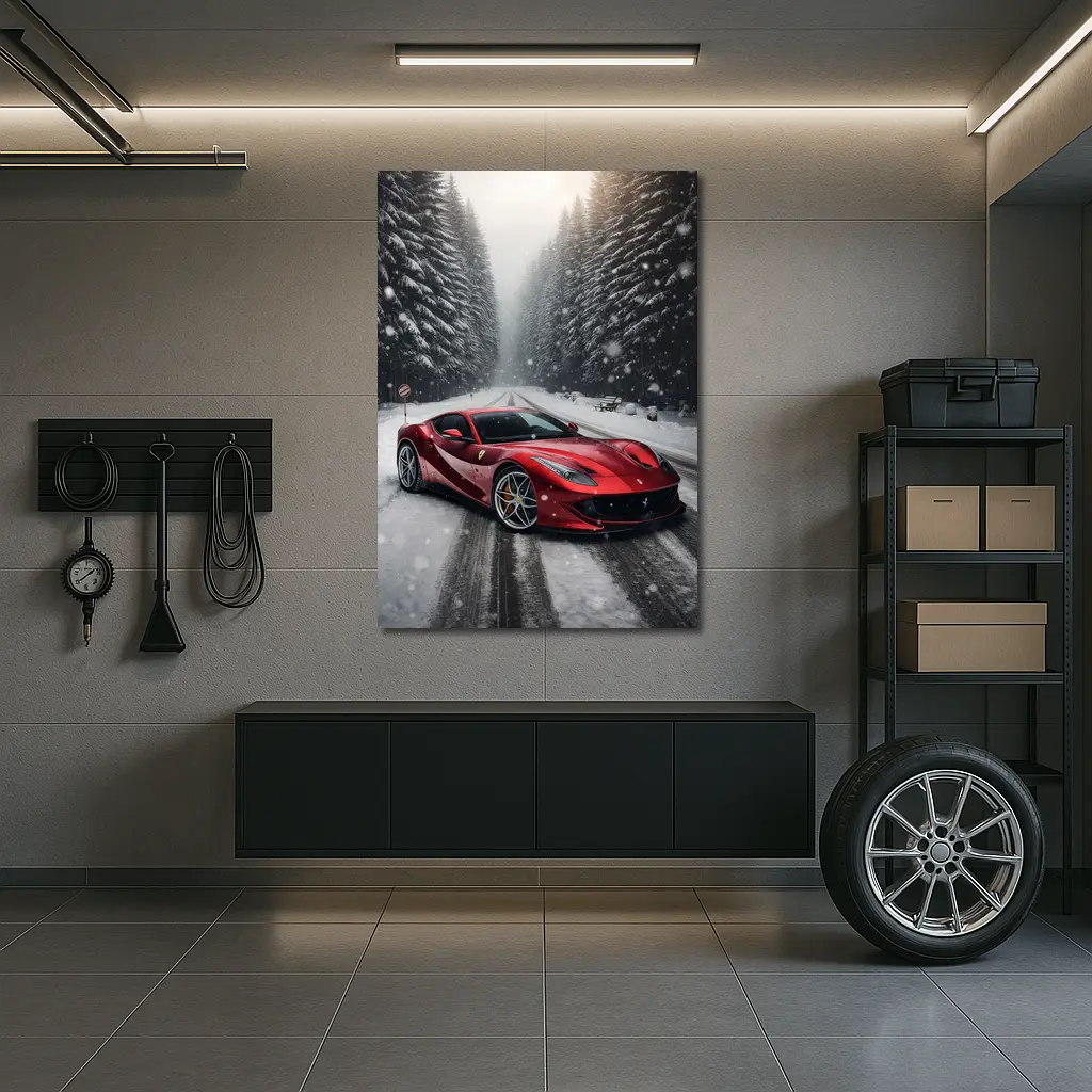Ferrari 812 Superfast Red Snowy Forest Road – Wall Art