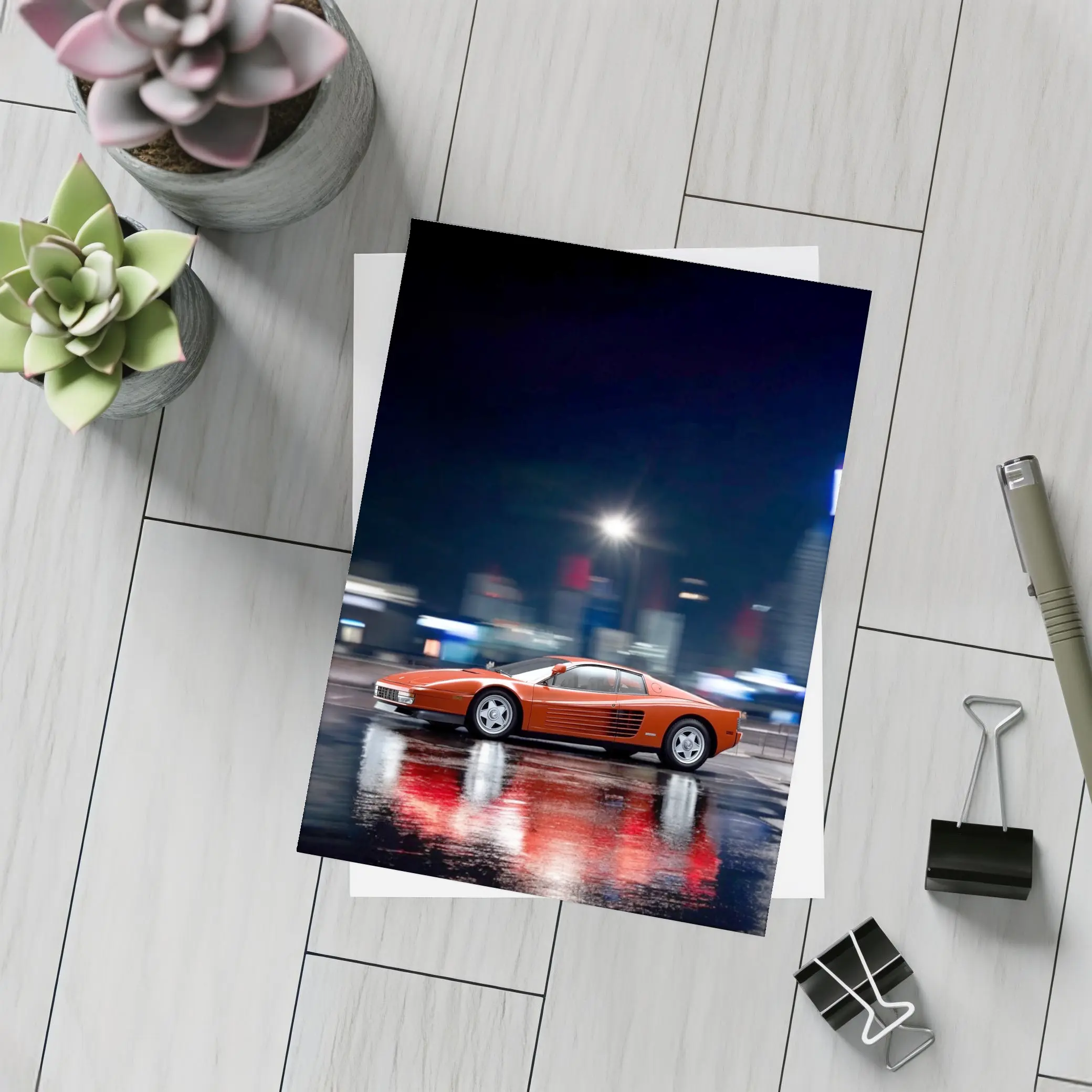 Ferrari Testarossa Red Wet City Night – Postcards