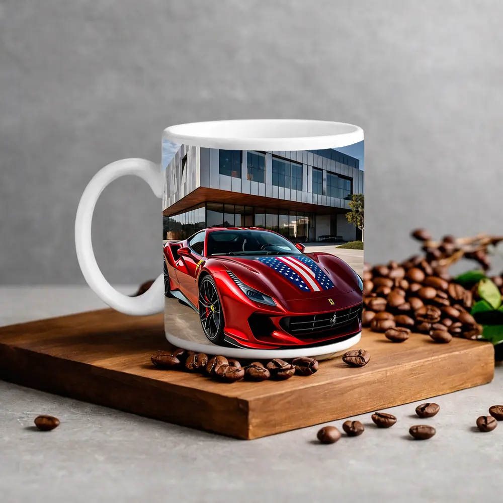 Ferrari F8 Tributo American Flag Modern Building – Mugs