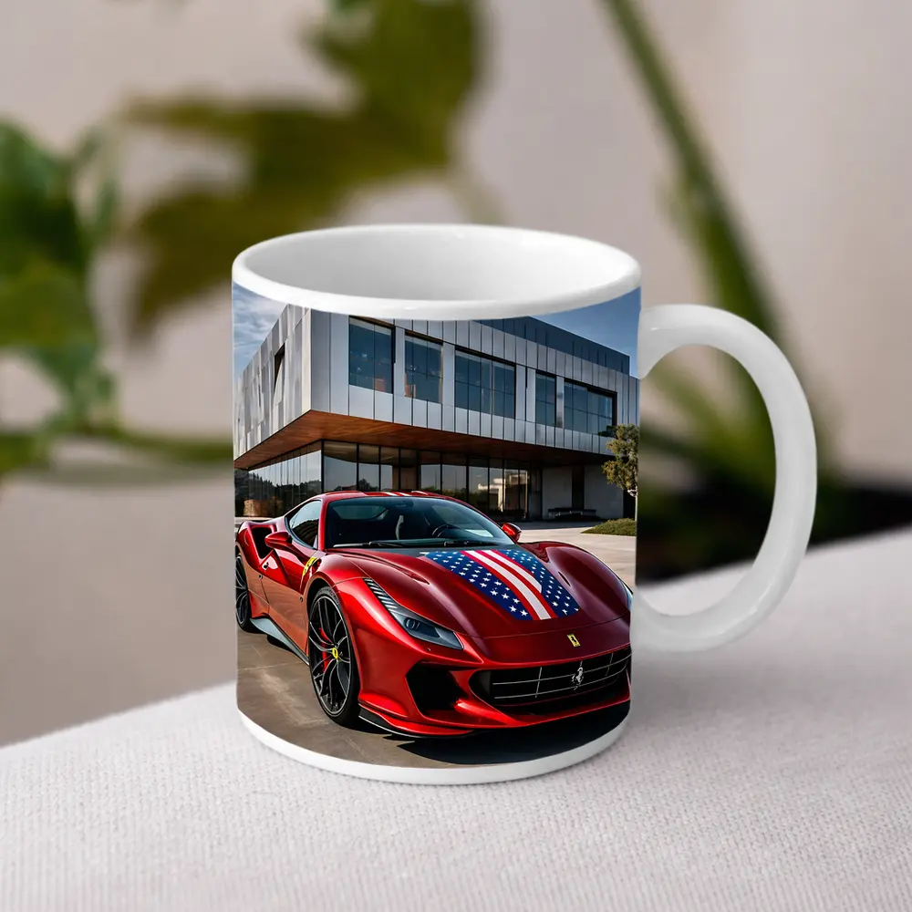 Ferrari F8 Tributo American Flag Modern Building – Mugs