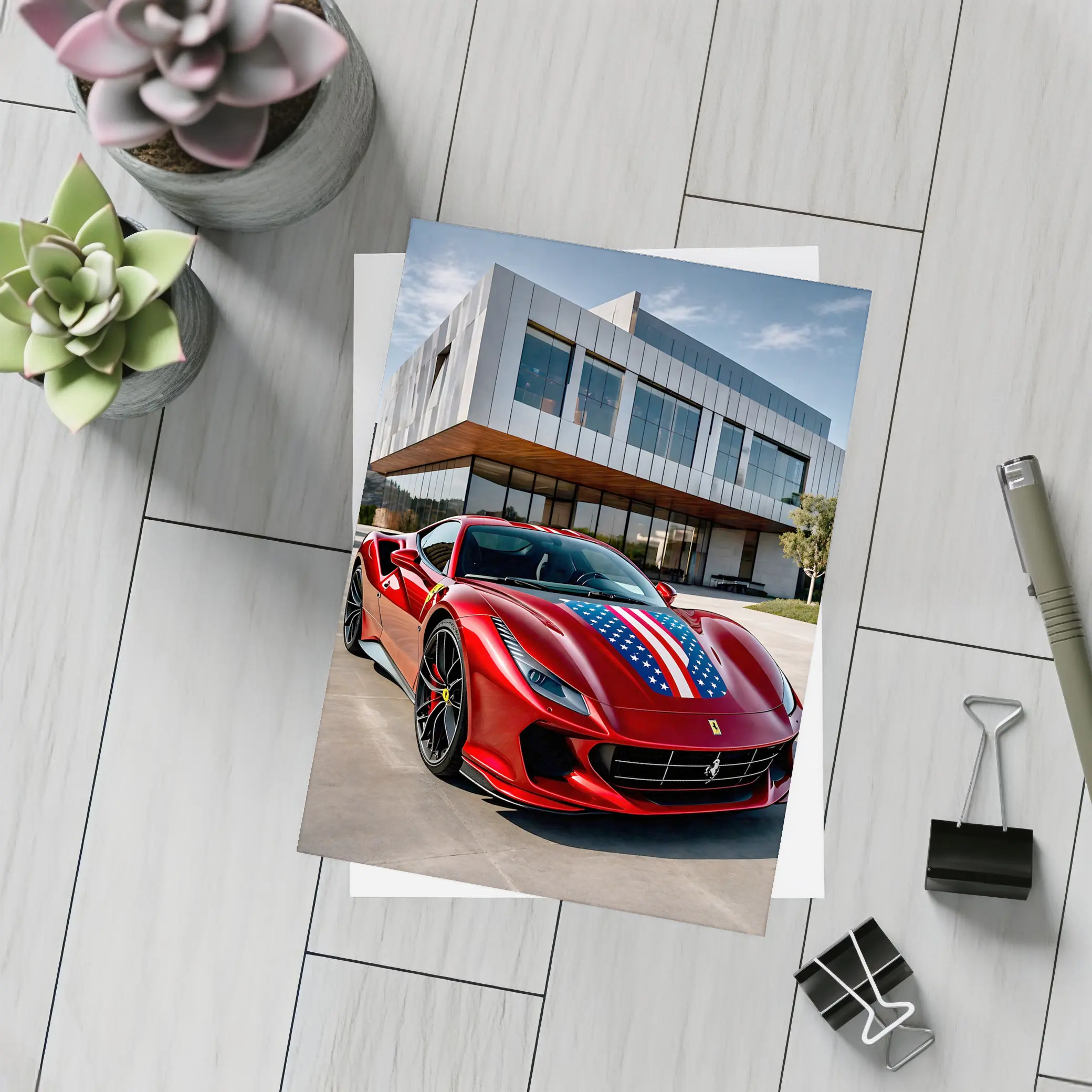 Ferrari F8 Tributo American Flag Modern Building – Postcards