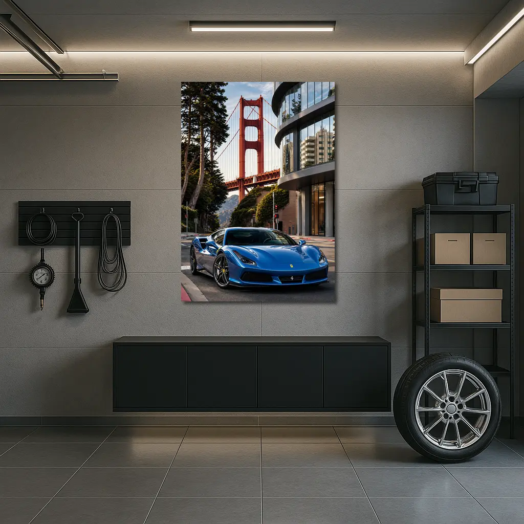 Ferrari F8 Blue Golden Gate Bridge – Wall Art