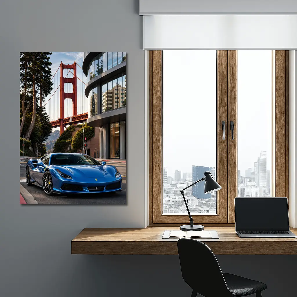 Ferrari F8 Blue Golden Gate Bridge – Wall Art