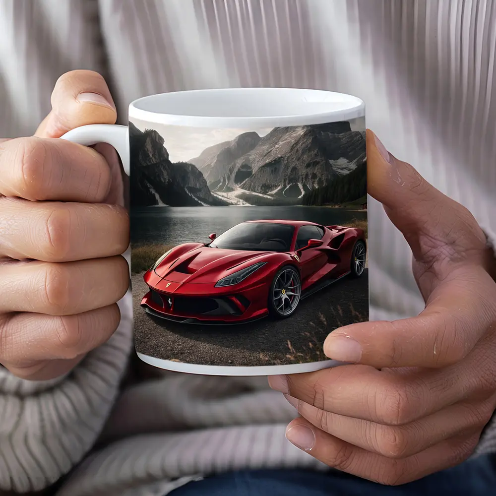 Ferrari F8 Red Supercar Mountain Lake – Mugs