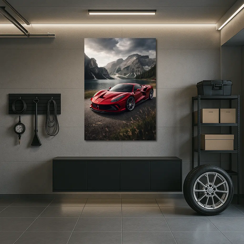 Ferrari F8 Red Supercar Mountain Lake – Wall Art