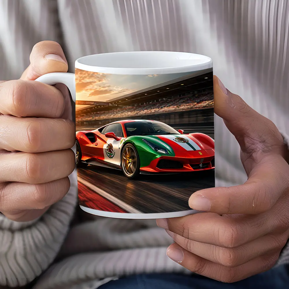 Ferrari 488 Mexico Flag Racing Track Sunset – Mugs