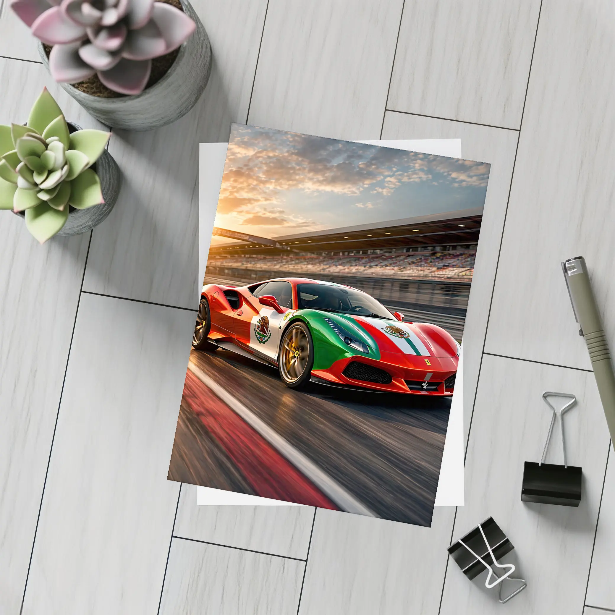 Ferrari 488 Mexico Flag Racing Track Sunset – Postcards