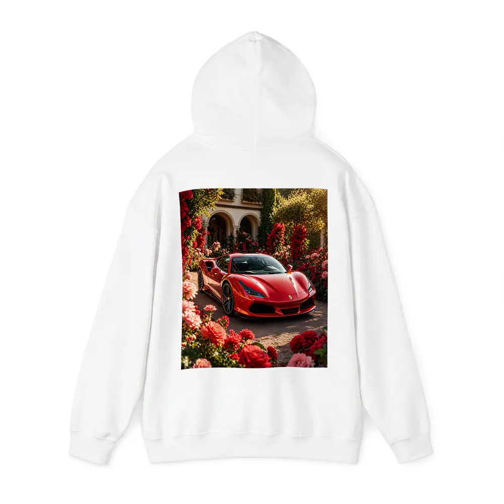 Ferrari F8 Red Sports Car Garden Setting – Hoodies