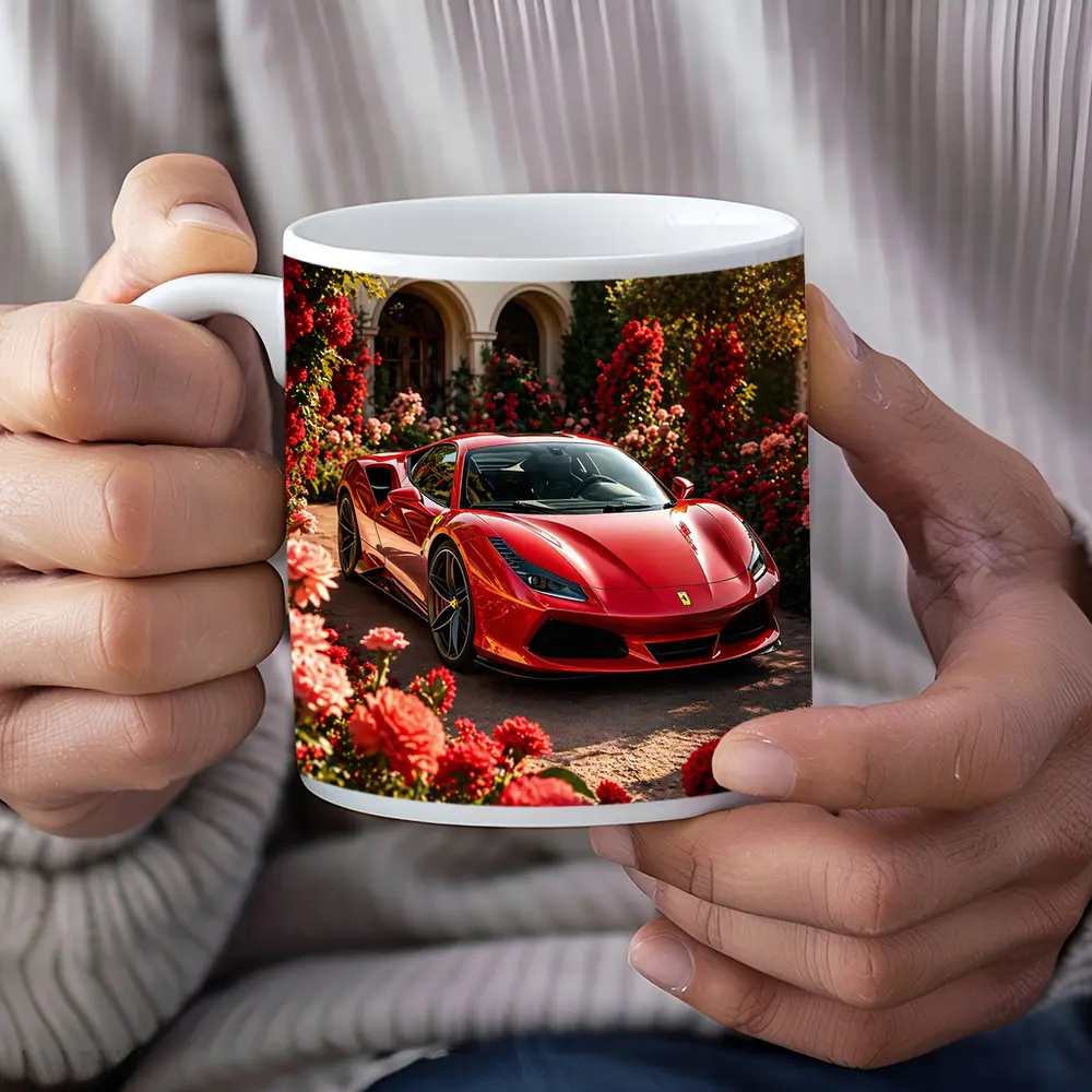 Ferrari F8 Red Sports Car Garden Setting – Mugs