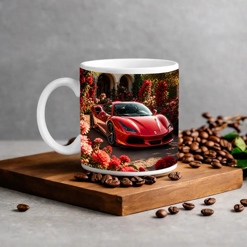 Ferrari F8 Red Sports Car Garden Setting – Mugs