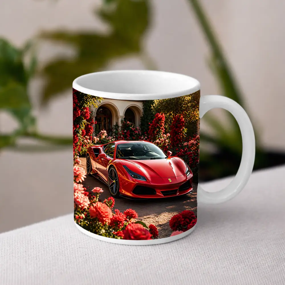 Ferrari F8 Red Sports Car Garden Setting – Mugs