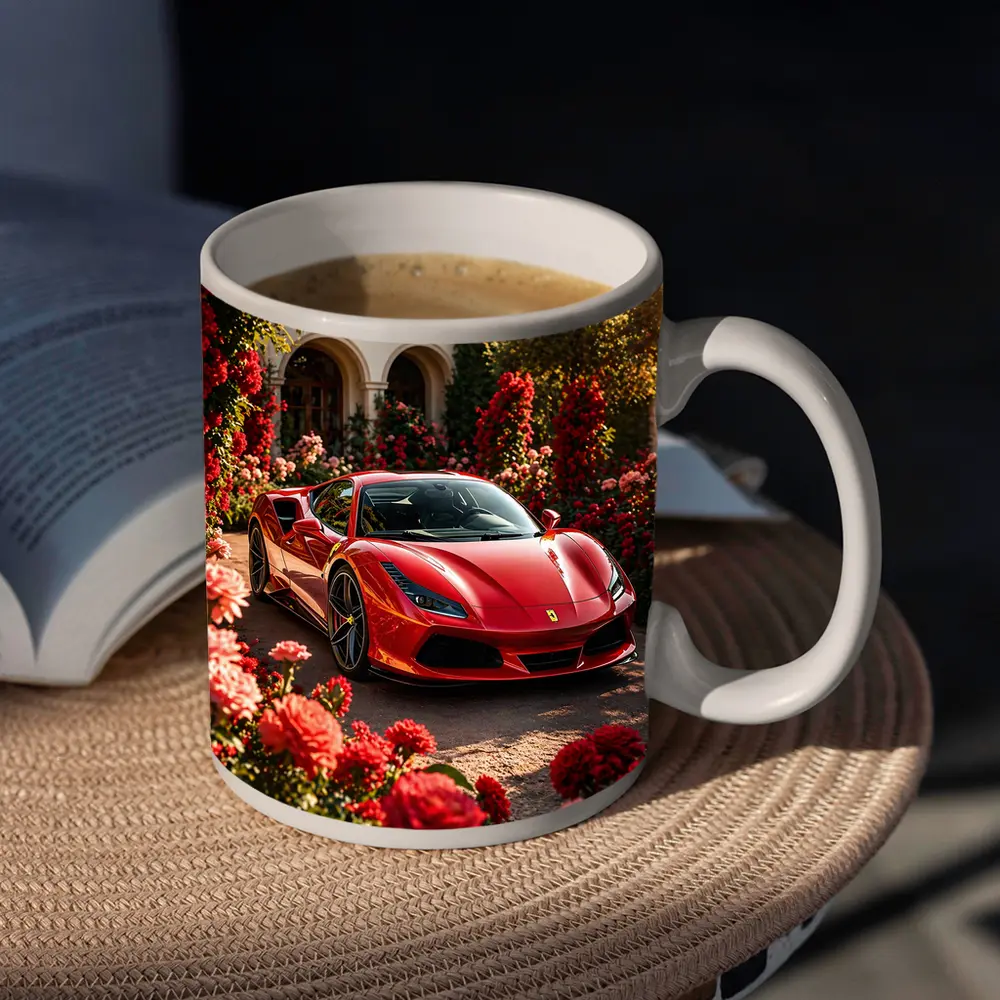 Ferrari F8 Red Sports Car Garden Setting – Mugs