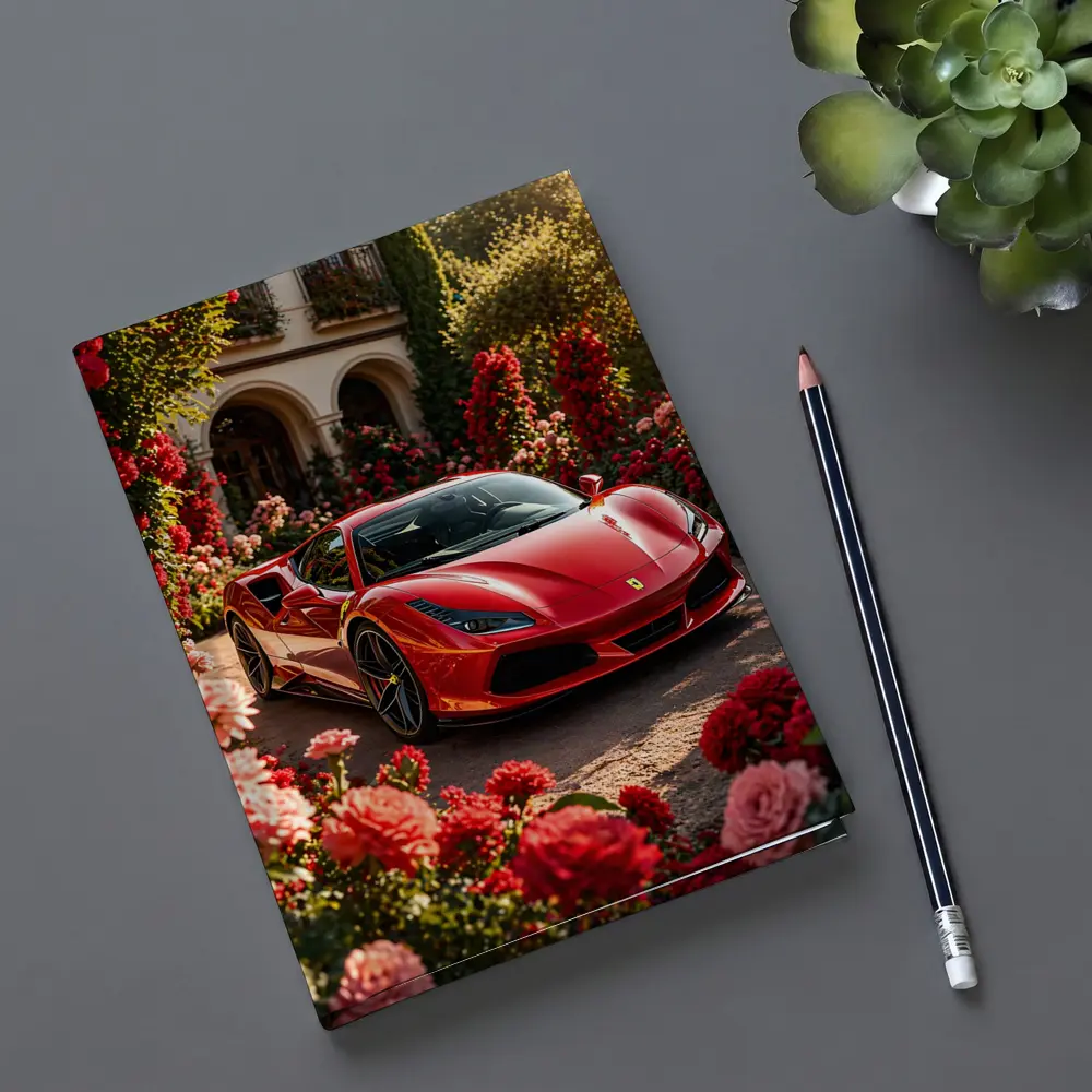 Ferrari F8 Red Sports Car Garden Setting – Notebooks