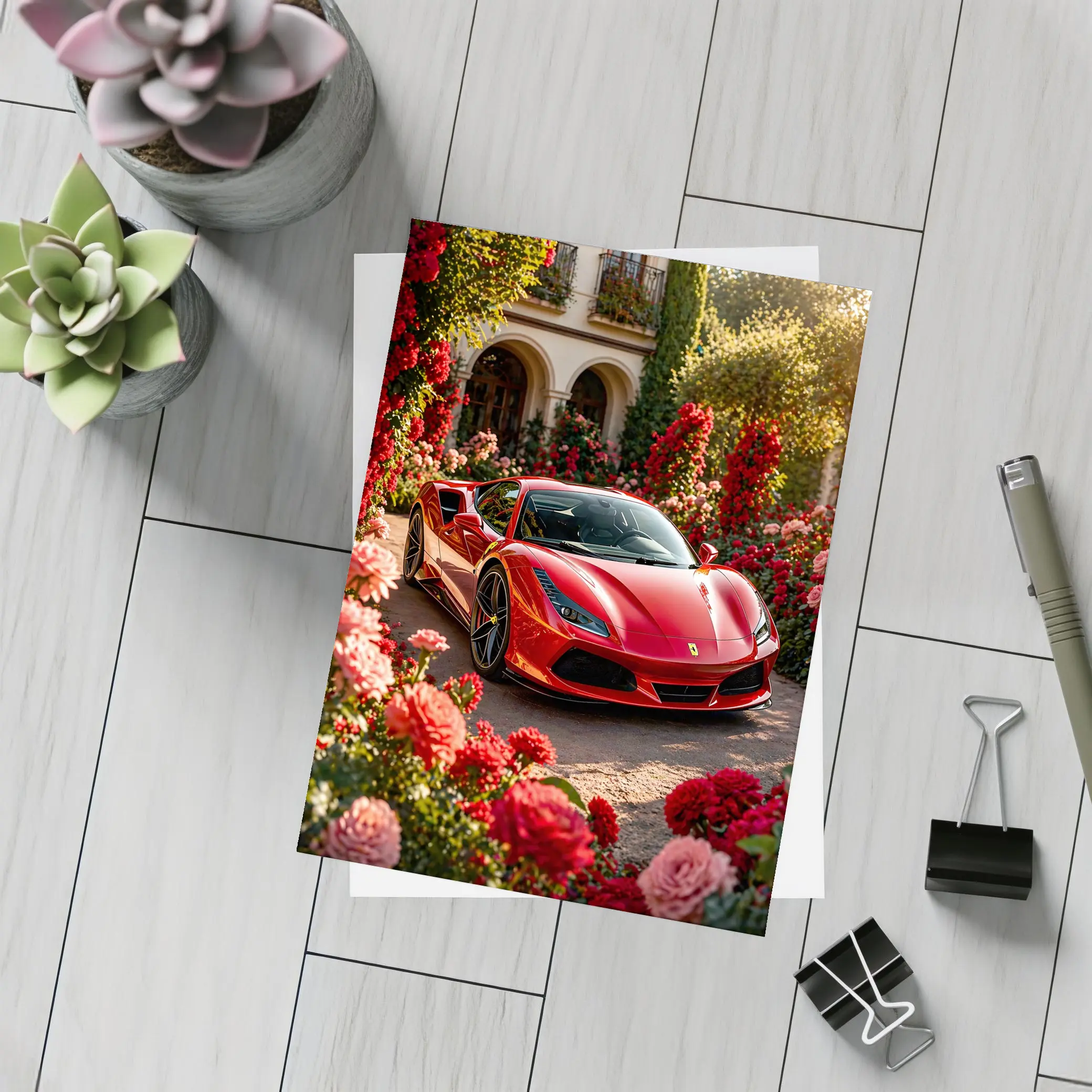 Ferrari F8 Red Sports Car Garden Setting – Postcards