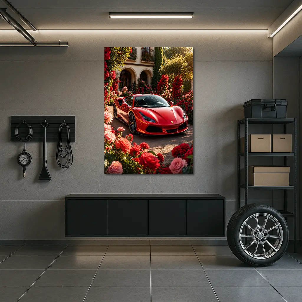 Ferrari F8 Red Sports Car Garden Setting – Wall Art