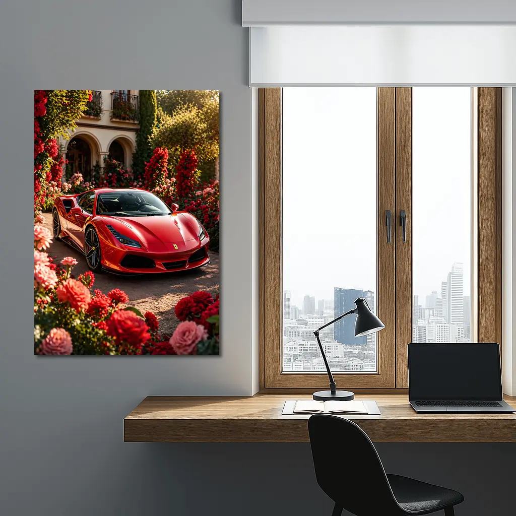 Ferrari F8 Red Sports Car Garden Setting – Wall Art