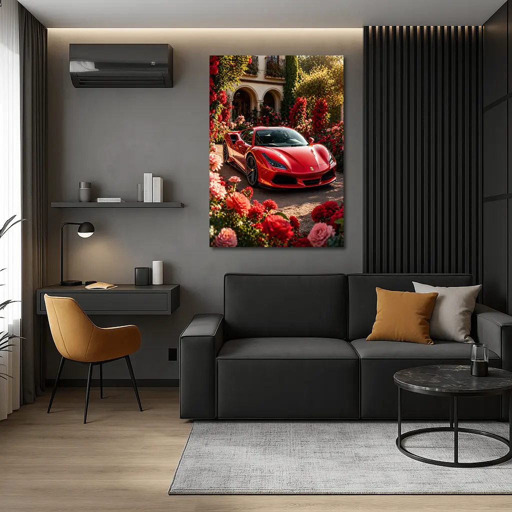 Ferrari F8 Red Sports Car Garden Setting – Wall Art
