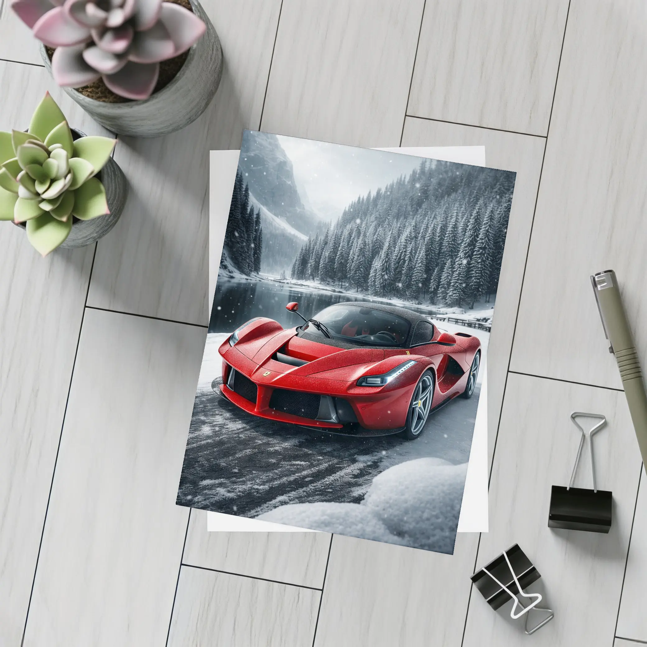 Ferrari LaFerrari Red Supercar Snowy Forest – Postcards