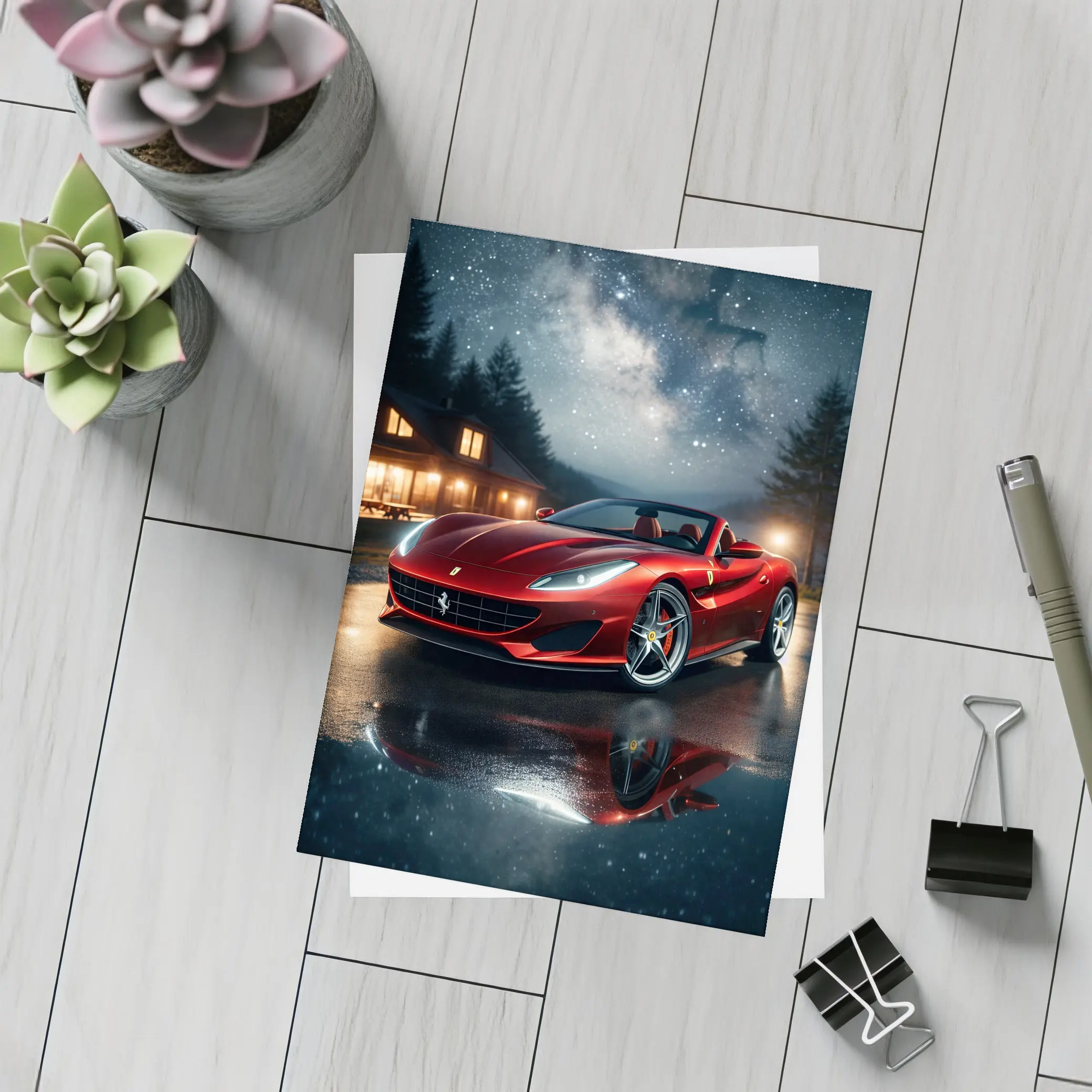 Ferrari Portofino Red Under Starry Night Sky – Postcards