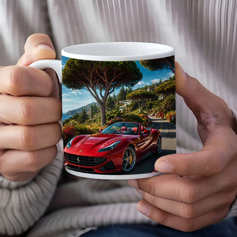 Ferrari Portofino Red on Coastal Road – Mugs