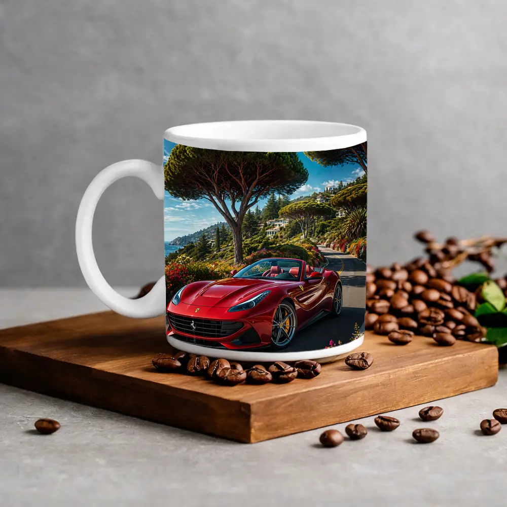 Ferrari Portofino Red on Coastal Road – Mugs