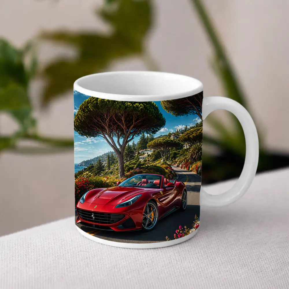 Ferrari Portofino Red on Coastal Road – Mugs