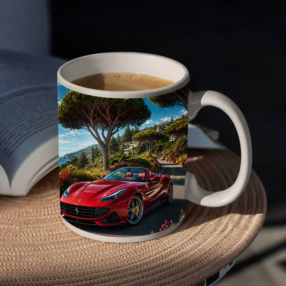 Ferrari Portofino Red on Coastal Road – Mugs