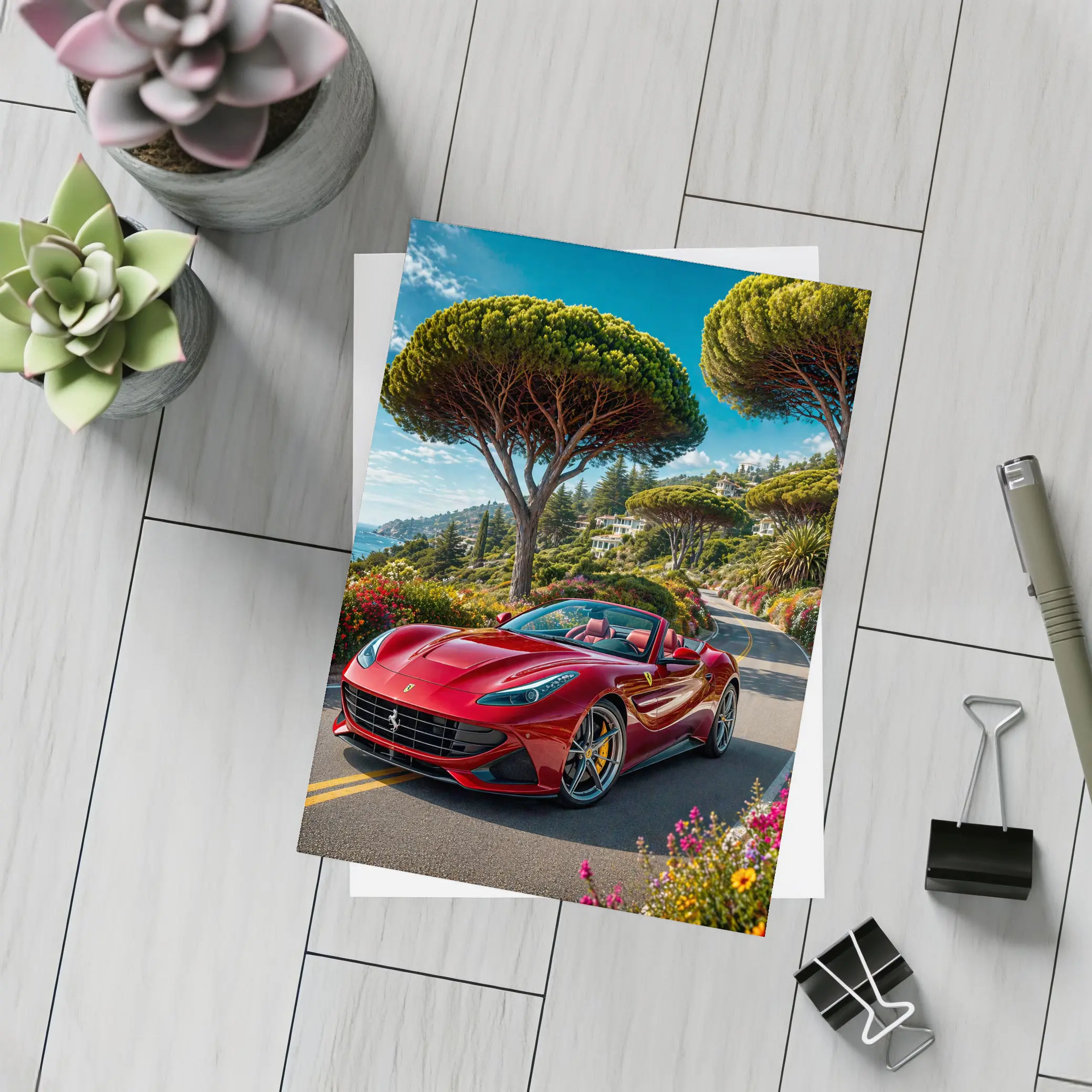Ferrari Portofino Red on Coastal Road – Postcards