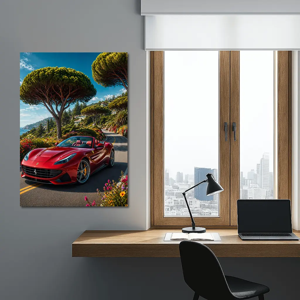Ferrari Portofino Red on Coastal Road – Wall Art