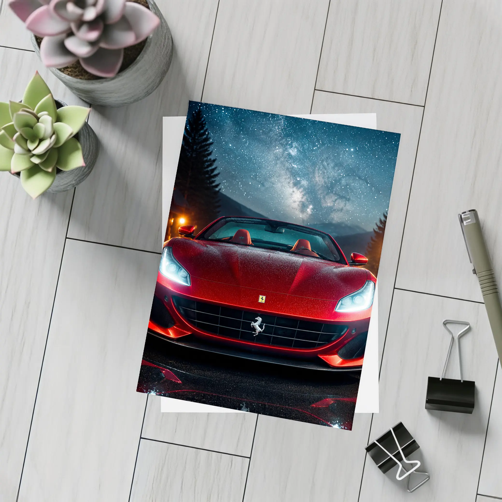 Ferrari Portofino Red Under Starry Night Sky – Postcards