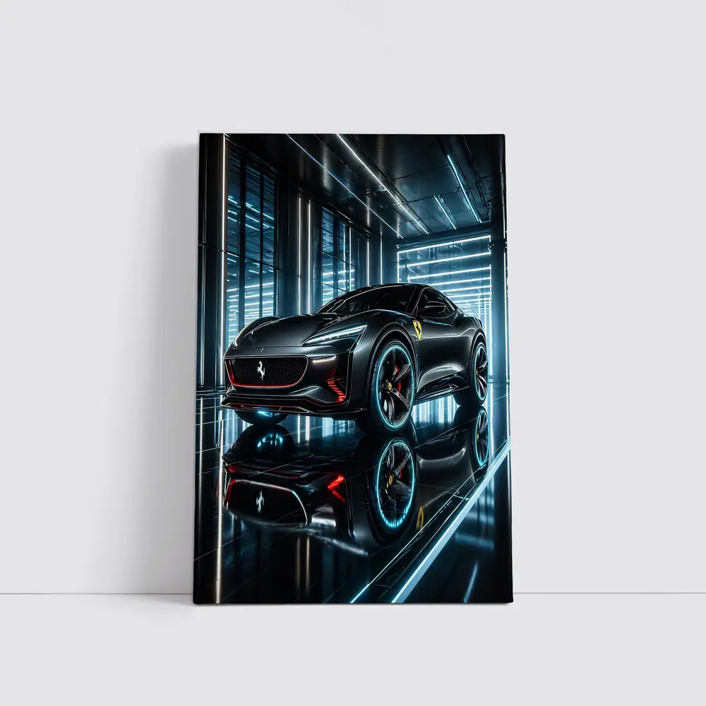Ferrari Purosangue Black Neon Showroom Night – Wall Art